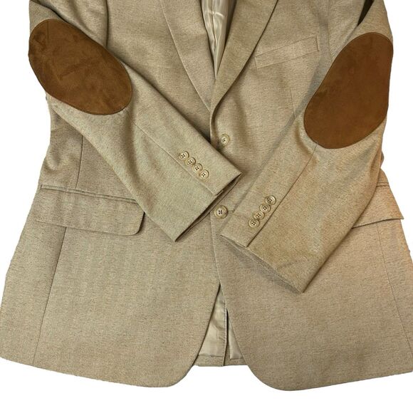 Club Room Herringbone Blazer Sport Coat Elbow Patch Mens 42R Tan Academia - Picture 3 of 13